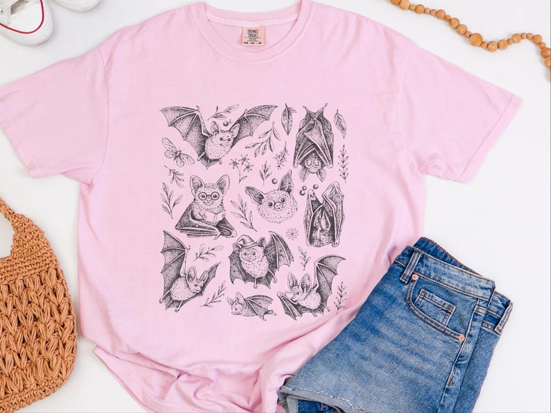 Comfort Colors Cute Animal Cartoon Bat Shirt, Whimsical Gothic Tee, Dark Academia Literary Gift, Funny Halloween Reader Tee, Gothic T-shirt image 8