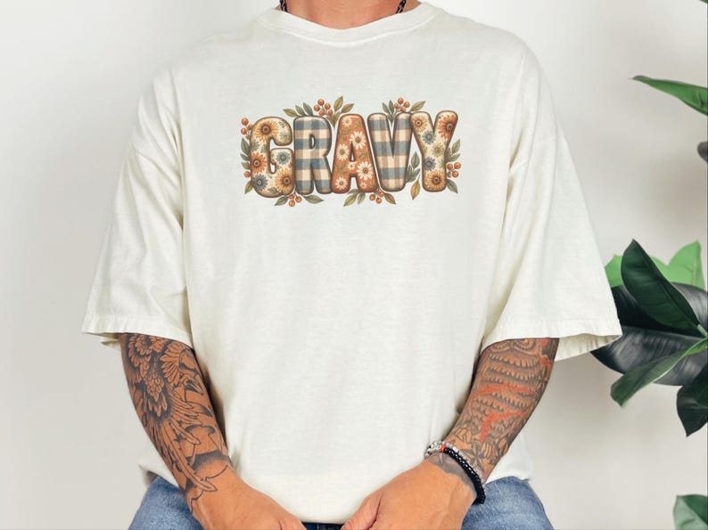 Thanksgiving Food Shirt, Gravy Lover Gift, Floral Fall Tee, Thanksgiving Dinner Outfit, Retro Autumn Shirt image 4