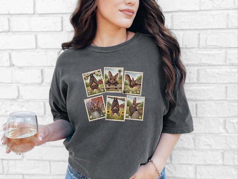 Bat Lover Gift, Vintage Bird Art, Postage Stamp Tee, Cute Bat Shirt, Cottagecore Nature Shirt, Farm Animal Gift image 9