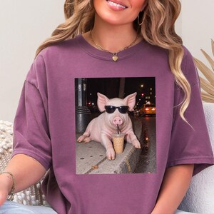 Pig Drinking Iced Coffee Shirt, Pig Lover Gift, Funny Animal Meme Tee, Coffee Lover Shirt, Pig Farmer Gift image 2