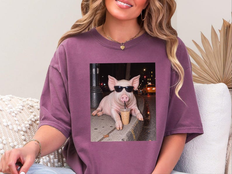 Pig Drinking Iced Coffee Shirt, Pig Lover Gift, Funny Animal Meme Tee, Coffee Lover Shirt, Pig Farmer Gift image 2