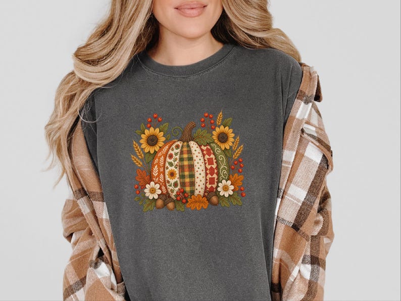 Floral Pumpkin Shirt, Vintage Patchwork Fall Tee, Cottagecore Thanksgiving Outfit, Quilted Pumpkin Autumn Garden Gift image 8