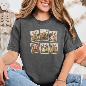 Vintage Bunny Shirt, Cottagecore Rabbit Tee, Postage Stamp Art Gift, Farmhouse Animal Lover Top, Retro Spring Nature Apparel image 9