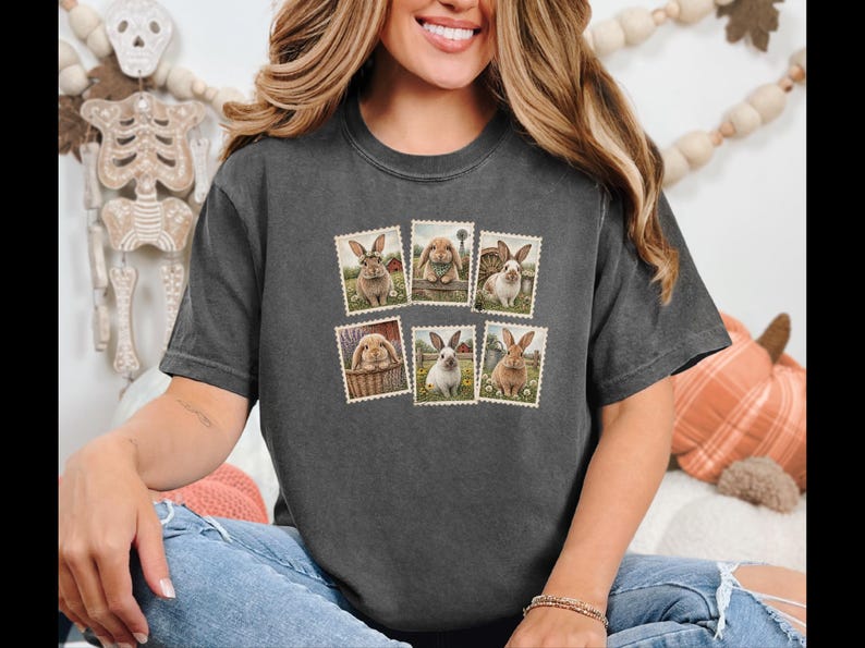 Vintage Bunny Shirt, Cottagecore Rabbit Tee, Postage Stamp Art Gift, Farmhouse Animal Lover Top, Retro Spring Nature Apparel image 9