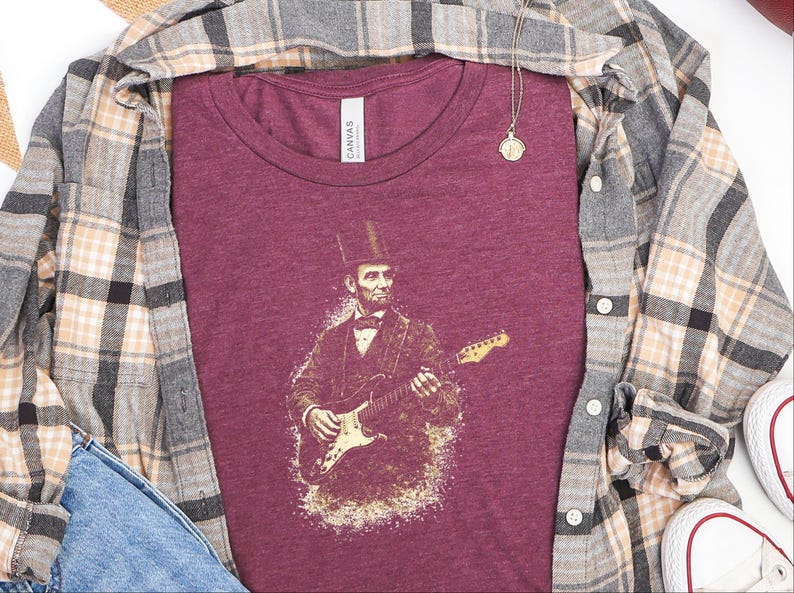 Funny History Shirt, Abe Lincoln Rockin' Guitar Vintage Tee, History Teacher Gift, Musician Rock and Roll Present, Classic Rock Art image 2