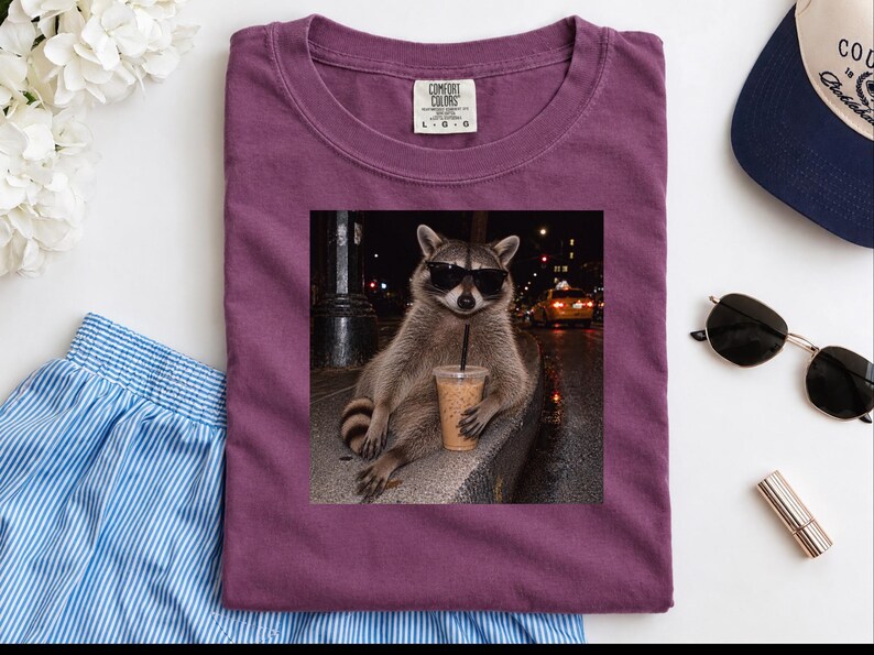Raccoon Iced Coffee Shirt, Raccoon Lover Gift, Animal Meme Tee, Cool Trash Panda Gift image 1