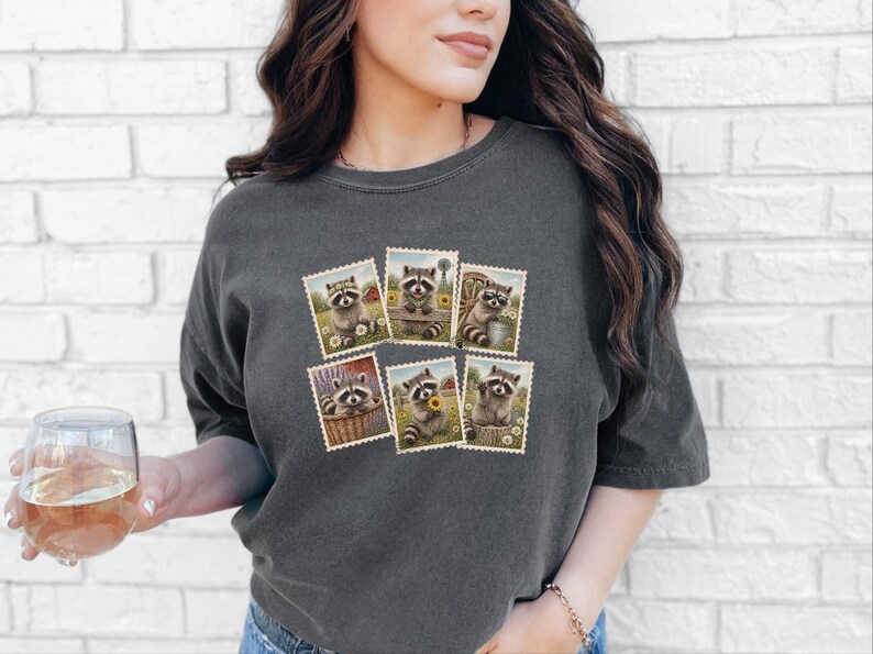 Raccoon Postage Stamp Shirt, Vintage Animal Lover Gift, Farm Girl Tee, Rustic Nature Graphic Shirt image 3
