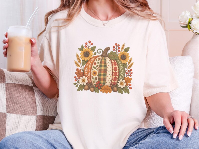 Floral Pumpkin Shirt, Vintage Patchwork Fall Tee, Cottagecore Thanksgiving Outfit, Quilted Pumpkin Autumn Garden Gift image 9