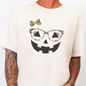 Comfort Colors Jack O Lantern Face Shirt, Womens Fall Halloween Party Tee, Cute Leopard Print Pumpkin Sweatshirt, Leopard Pumpkin image 1