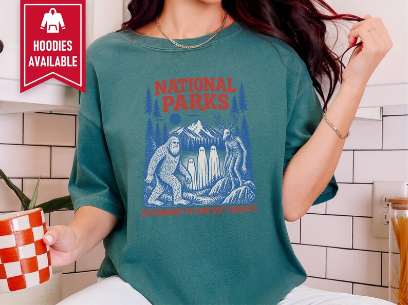 National Park Shirt, Bigfoot Cryptid Gift, Funny Camping Shirt, Retro Sasquatch Tee, Determined To Confuse Tourists image 9