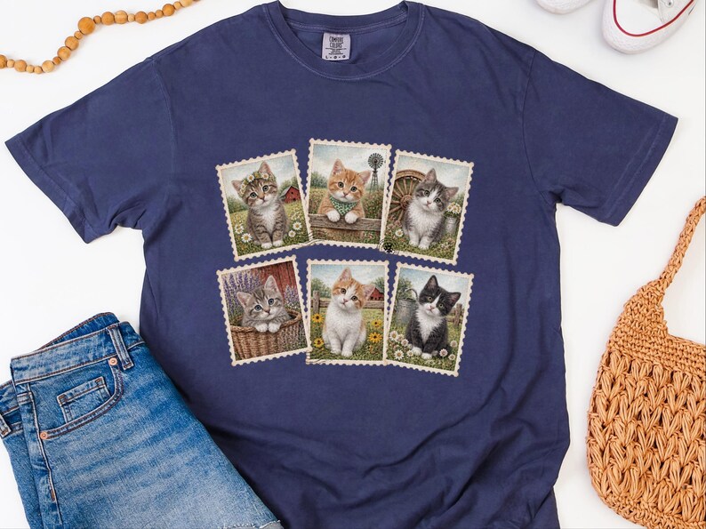 Camiseta vintage de gato, camiseta con sello postal, regalo para amantes de los gatitos de granja, camiseta para amantes de los animales, regalo retro para amantes de los gatos de campo imagen 4