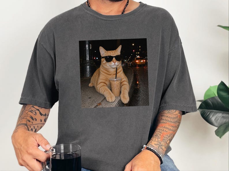 Coffee Cat Shirt, Funny Cat Meme Tee, Orange Cat Mom Gift, Cat Sunglasses Shirt, Ginger Tabby Tee image 2