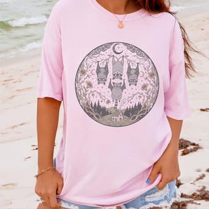 Comfort Colors Night Animals Halloween Racoon Bats Floral Night Scene Shirt, Vintage Spooky Moon Phases Tee, Goth Cottagecore Witchy Fall image 5
