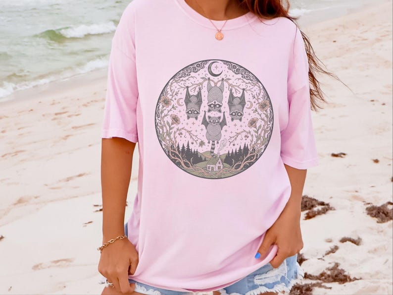 Comfort Colors Night Animals Halloween Racoon Bats Floral Night Scene Shirt, Vintage Spooky Moon Phases Tee, Goth Cottagecore Witchy Fall image 5
