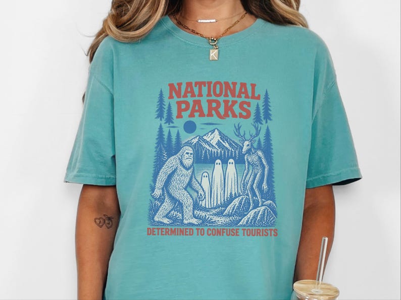 National Park Shirt, Bigfoot Cryptid Gift, Funny Camping Shirt, Retro Sasquatch Tee, Determined To Confuse Tourists image 1