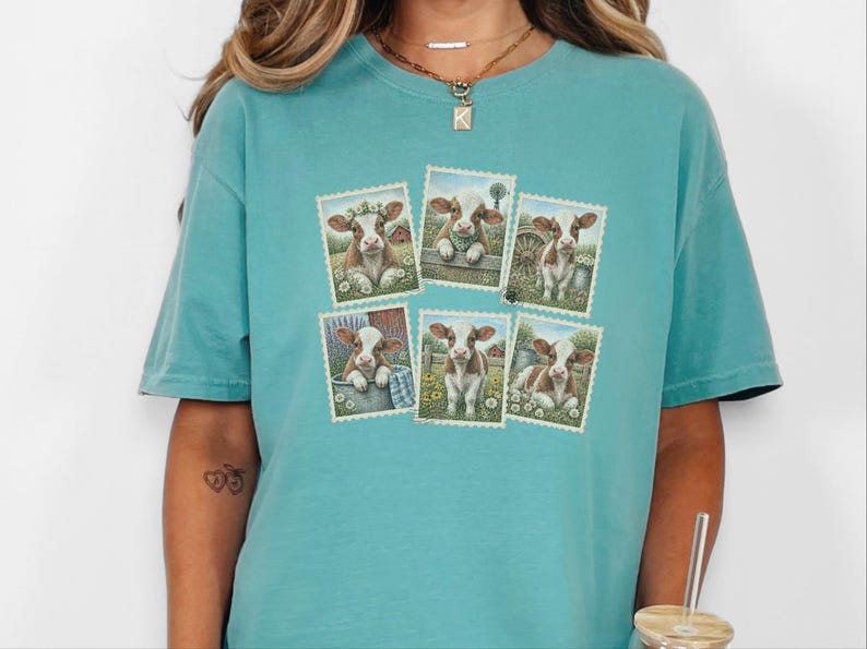 Camiseta vintage con estampado de vaca y sello postal, camiseta adorable de vaca bebé, regalo para amantes de los animales de granja, camiseta de estilo rústico campestre. imagen 9
