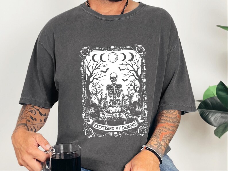 Comfort Colors Skeleton Workout Tee, Exercising My Demons Gothic Gym Shirt, Funny Fitness Weightlifting Humor, Spooky Cemetery Dark Art image 9