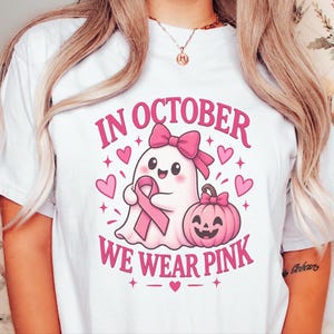 In oktober dragen we een roze spookshirt, een cadeau ter bevordering van bewustzijn over borstkanker, een roze Halloween-shirt met lint, een top voor kankeroverlevenden, een shirt voor het griezelige seizoen. afbeelding 8