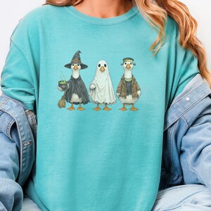 Comfort Colors Spooky Goose Halloween Sweatshirt, Frankenstein Ghostly Geese Outerwear, Birdwatching Spooky Season Sweatshirt, Witch Goose image 2