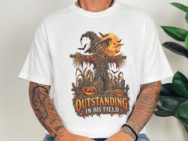 Scarecrow Shirt, Farmer Dad Gift, Dad Halloween Shirt, Spooky Season Shirt, Outstanding In His Field, Funny Halloween Tee image 3