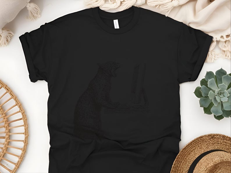 Angry Cat T-Shirt, Cat Vs Computer Tee, Vintage Engraving Art, Retro Computer Art image 2