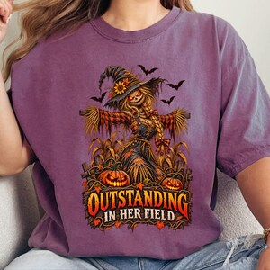Fall Scarecrow Shirt, Halloween Tee Women, Outstanding In Her Field, Womens Fall Shirt, Spooky Graphic Tee image 10