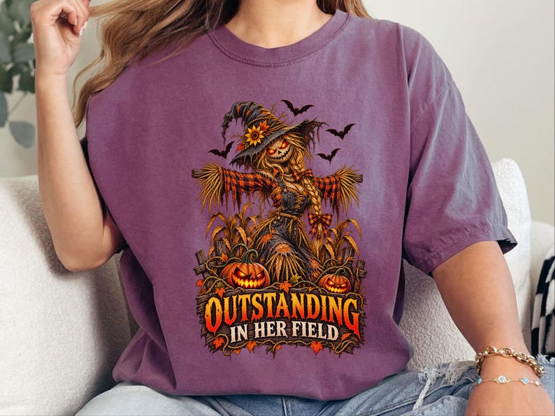 Fall Scarecrow Shirt, Halloween Tee Women, Outstanding In Her Field, Womens Fall Shirt, Spooky Graphic Tee image 10
