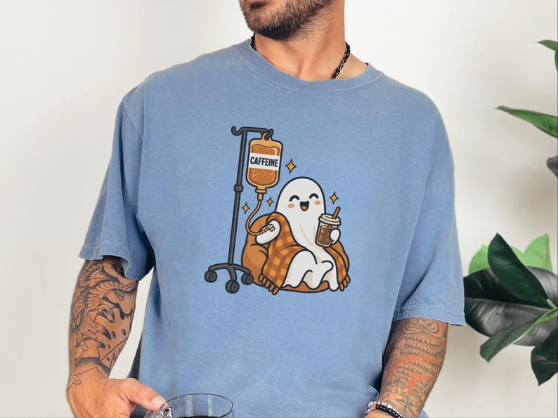 Ghost Coffee Shirt, Spooky Season Tee, Night Shift Nurse Gift, Halloween Coffee Lover, Caffeine IV Sweatshirt afbeelding 9