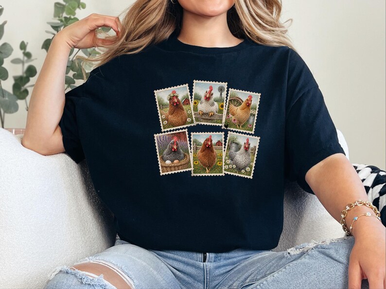 Vintage Chicken Shirt, Postage Stamp Tee, Farm Girl Shirt, Chicken Lover Gift, Retro Farmhouse Shirt, Country Living Shirt image 7