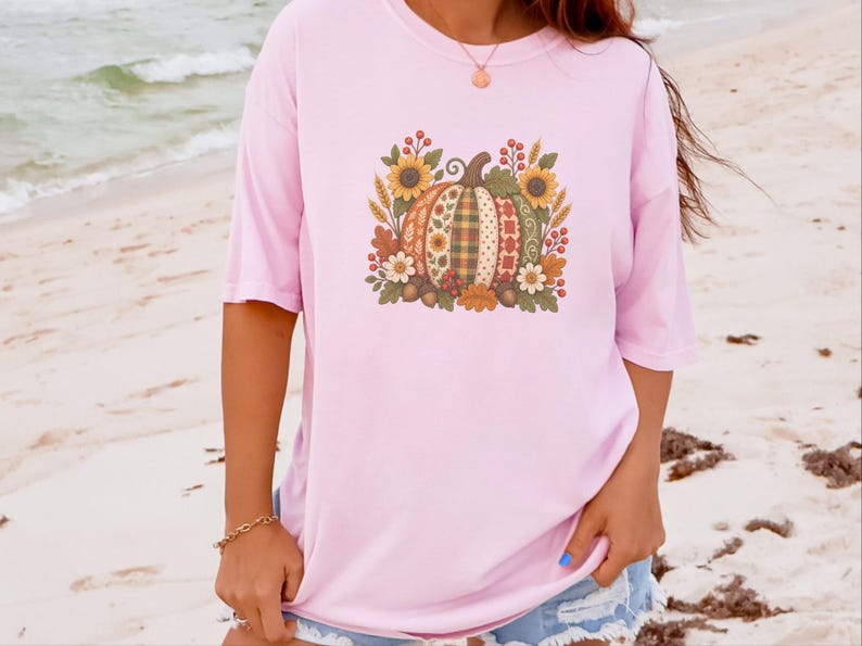 Floral Pumpkin Shirt, Vintage Patchwork Fall Tee, Cottagecore Thanksgiving Outfit, Quilted Pumpkin Autumn Garden Gift image 2