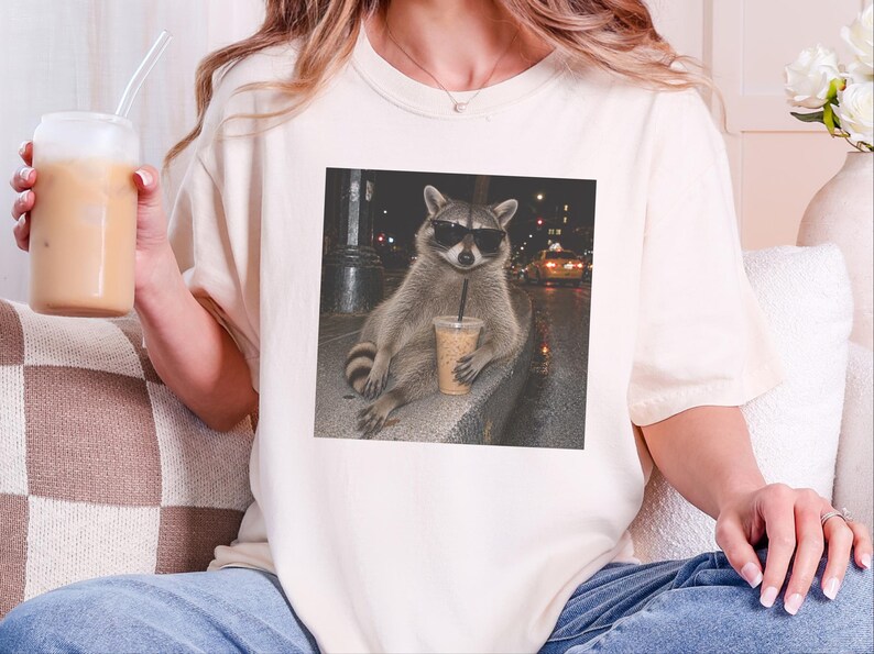 Raccoon Iced Coffee Shirt, Raccoon Lover Gift, Animal Meme Tee, Cool Trash Panda Gift image 3