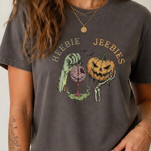 Comfort Colors Watercolor Zombie Heebie Jeebies Shirt, Modern Horror Movie Tee, Retro Goth Halloween Graphic, Spooky Pumpkin Skull Vintage image 8