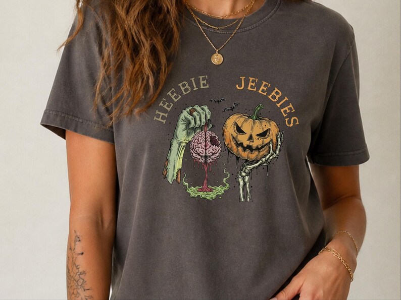 Comfort Colors Watercolor Zombie Heebie Jeebies Shirt, Modern Horror Movie Tee, Retro Goth Halloween Graphic, Spooky Pumpkin Skull Vintage image 8