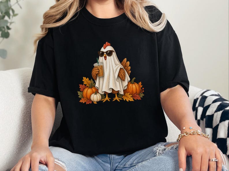 Halloween Chicken Shirt, Ghost Coffee Tee, Fall Chicken Gift, Chicken Lover Shirt, Spooky Season Tee image 7