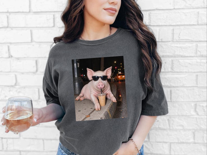 Pig Drinking Iced Coffee Shirt, Pig Lover Gift, Funny Animal Meme Tee, Coffee Lover Shirt, Pig Farmer Gift image 5