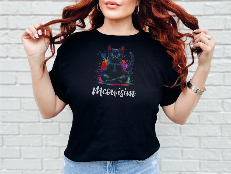 Camiseta Sassy Cat Purr Meowisim Rainbow Feline, Camiseta de humor psicodélico para mascotas, Gráfico de gatito colorido y peculiar, Regalo para amantes de los felinos negros imagen 4