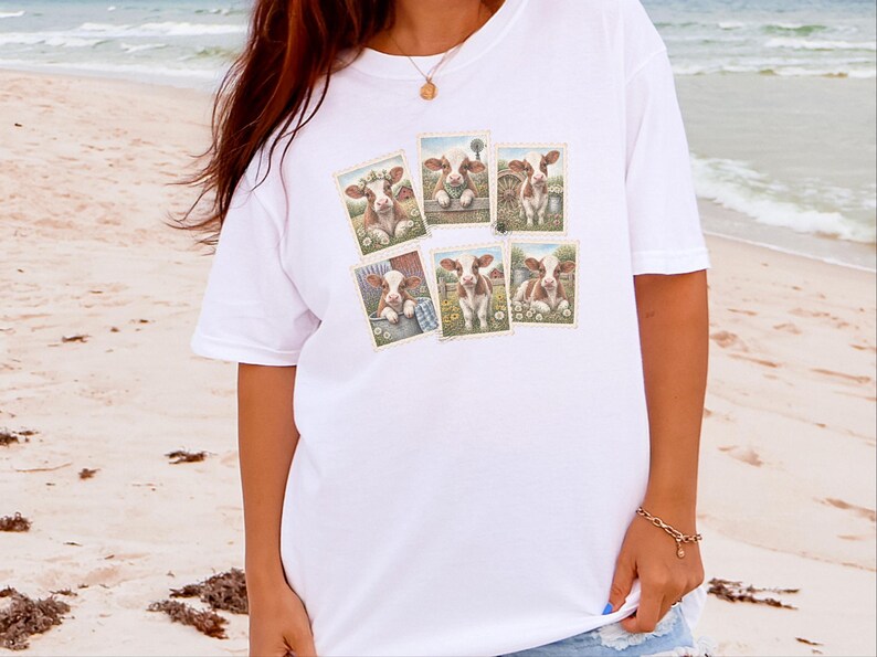 Camiseta vintage con estampado de vaca y sello postal, camiseta adorable de vaca bebé, regalo para amantes de los animales de granja, camiseta de estilo rústico campestre. imagen 7