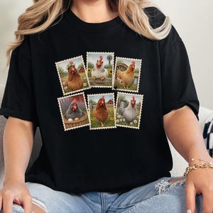 Vintage Chicken Shirt, Postage Stamp Tee, Farm Girl Shirt, Chicken Lover Gift, Retro Farmhouse Shirt, Country Living Shirt image 2