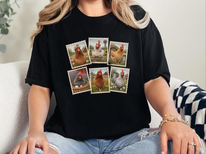Vintage Chicken Shirt, Postage Stamp Tee, Farm Girl Shirt, Chicken Lover Gift, Retro Farmhouse Shirt, Country Living Shirt image 2