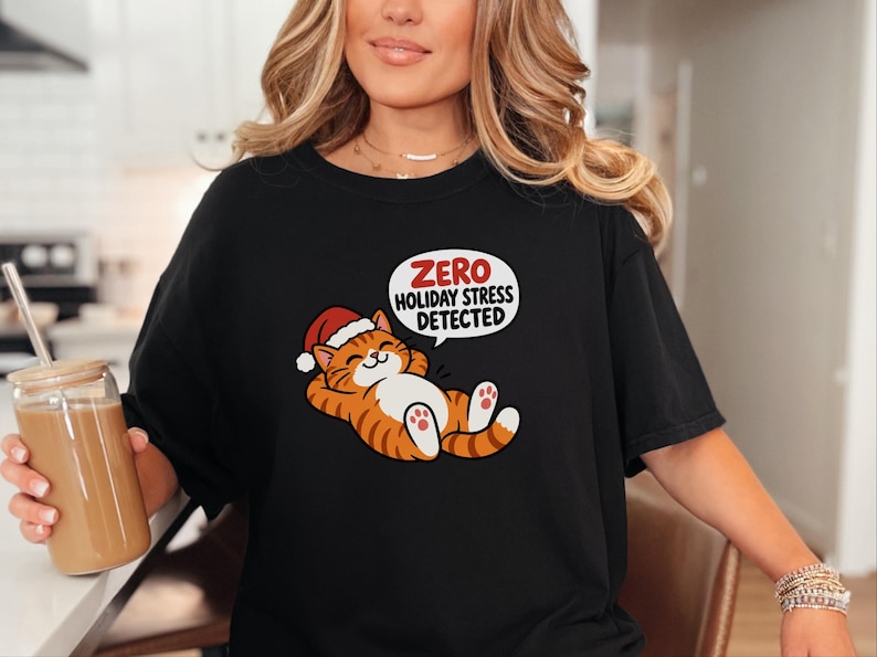 Funny Christmas Cat Shirt, Orange Tabby Cat Gift, Zero Holiday Stress Detected, Cozy Holiday Shirt, Funny Cat Lover Tee, Cat Mom Sweatshirt image 5
