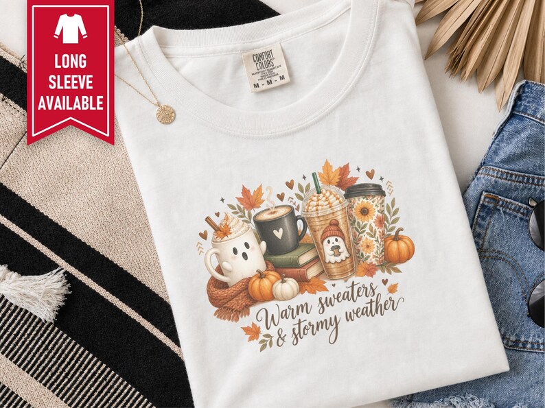 Ghost Coffee Shirt, Fall Coffee Shirt, Halloween Coffee Tee, Cute Ghost Sweater, Warm Sweaters And Stormy Weather, Autumn Sweatshirt image 8