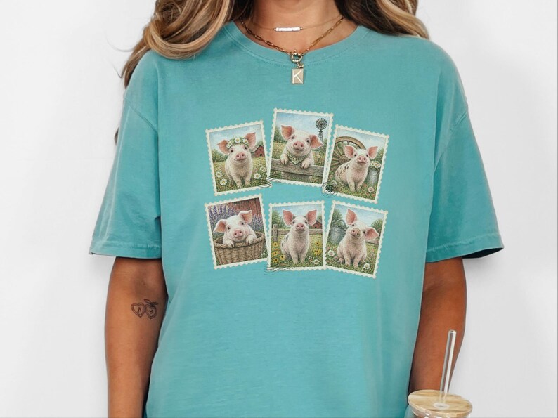 Cute Pig Shirt, Farm Animal Gift, Vintage Postal Stamp Tee, Pig Lover Shirt, Country Life Top image 6