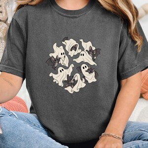 Ghost Shirt, Halloween T-Shirt, Spooky Season Tee, Cute Ghost Playing With Bat image 1