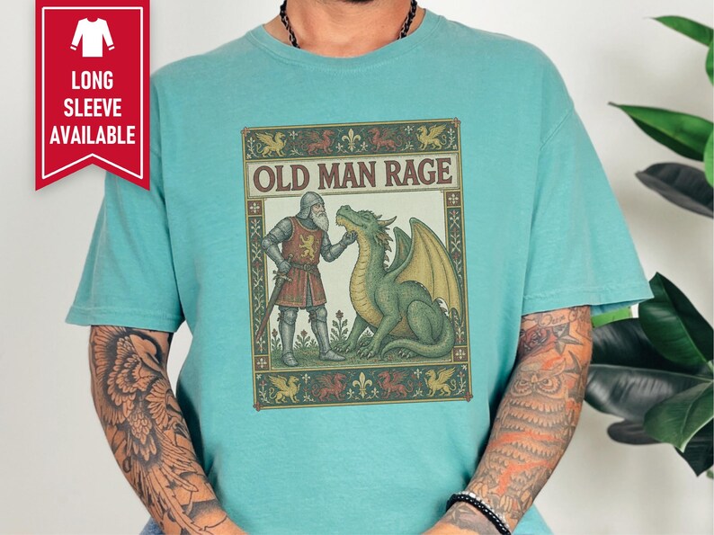 Medieval Dragon Shirt, Funny Old Man Gift, Fantasy Reader Tee, Knight Costume, Medieval Manuscript Graphic Tee image 5