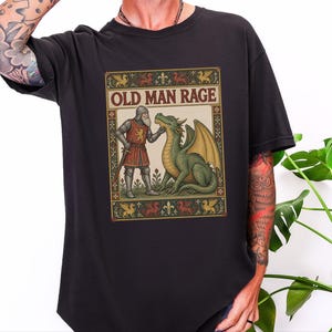 Medieval Dragon Shirt, Funny Old Man Gift, Fantasy Reader Tee, Knight Costume, Medieval Manuscript Graphic Tee image 1