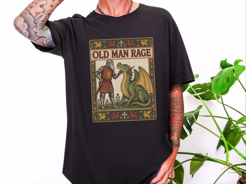 Medieval Dragon Shirt, Funny Old Man Gift, Fantasy Reader Tee, Knight Costume, Medieval Manuscript Graphic Tee image 1