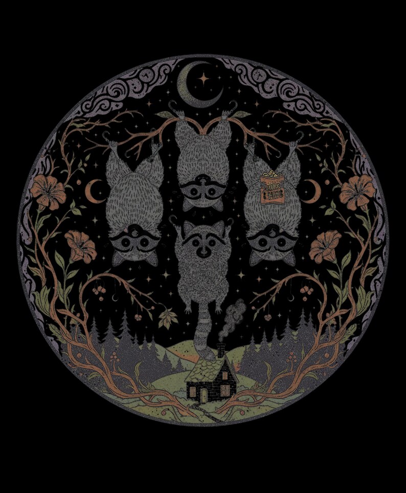 Comfort Colors Funny Raccoon Shirt, Raccoon Tree Branches Moon Graphic Tee, Trash Panda Dark Humor Design, Woodland Forest Celestial Night image 8