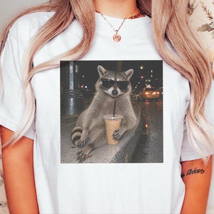 Raccoon Iced Coffee Shirt, Raccoon Lover Gift, Animal Meme Tee, Cool Trash Panda Gift image 2