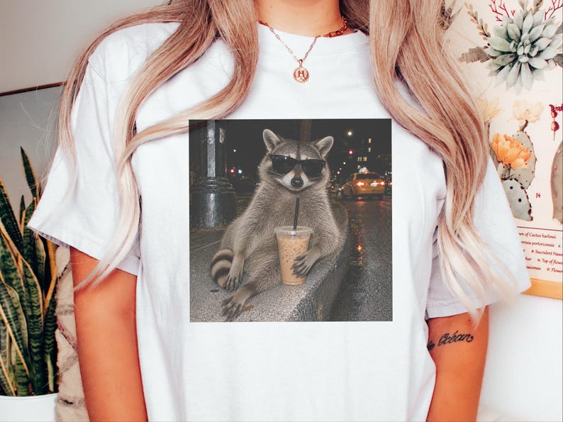 Raccoon Iced Coffee Shirt, Raccoon Lover Gift, Animal Meme Tee, Cool Trash Panda Gift image 2