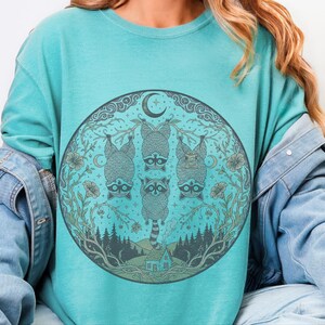 Comfort Colors Funny Raccoon Shirt, Raccoon Tree Branches Moon Graphic Tee, Trash Panda Dark Humor Design, Woodland Forest Celestial Night image 3